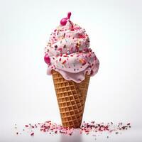 a cone ice cream with icing and sprinkles on white background generative AI photo