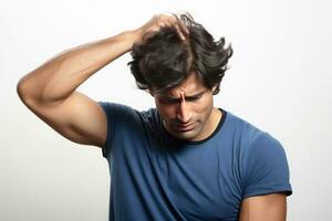 young man wearing gym cloth suffering with headache on white background generative AI photo