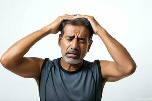 an indian man in gym cloth suffering with headache on white background generative AI photo