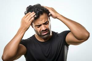 a man wearing gym cloth suffering with headache on white background generative AI photo