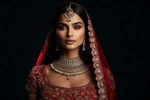 woman wearing jewellery and bridal lehnga on black background generative AI photo