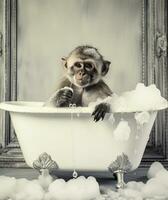 a monkey taking a bath in a bathtub with soap generative AI photo