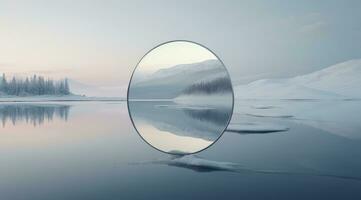 a mirror like object floats over a frozen lake generative AI photo