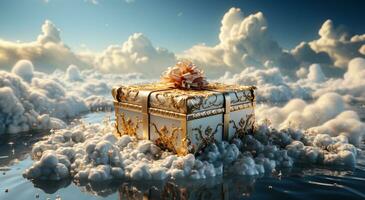 beautiful designer gift box on the clouds generative AI photo