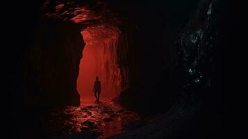 un sombra figura emergente desde oscuro rojo puerta generativo ai foto