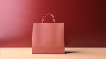 peach color shopping paper bag on table top with peach color background generative AI photo