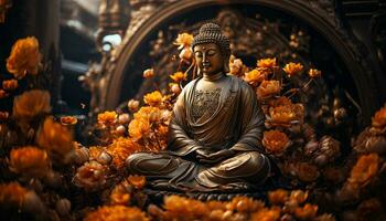 buddha golden sculpture with flowers generative AI photo