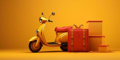 a yellow scooter with big delivery box on yellow background generative AI photo