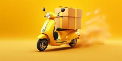 a yellow scooter with delivery box on yellow background generative AI photo