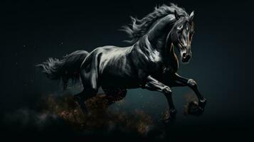 dark horse running on black background generative AI photo