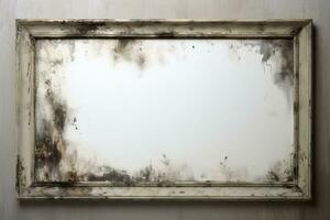 dusty empty frame of white background on grunge wall generative AI photo