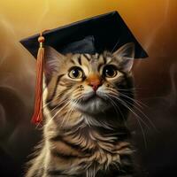 de cerca de linda peludo gato en graduación sombrero generativo ai foto