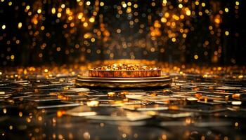 golden confetti rain on floor with bokeh background generative AI photo