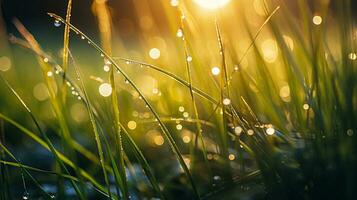 closeup photo of grass after rain generative AI