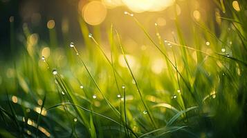 closeup of grass after rain generative AI photo