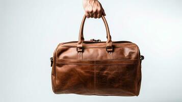 imagen de mano participación marrón equipaje bolso con blanco antecedentes generativo ai foto
