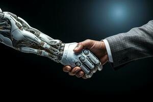 handshake of robot hand and human hand on dark background generative AI photo