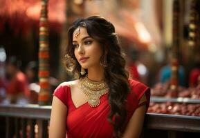 a girl wearing red kerala silk saree generative AI photo