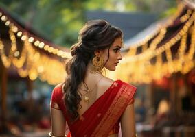 espalda ver de modelo niña vistiendo rojo kerala seda sari generativo ai foto