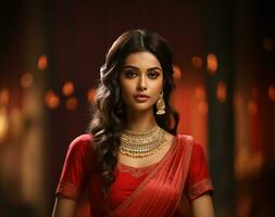 girl wearing red kerala silk saree on bokeh background generative AI photo