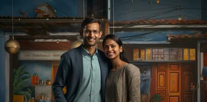 indian happy couple standing together on house painting background generative AI photo