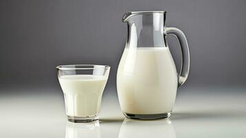 milk in glass and jug on gray background generative AI photo