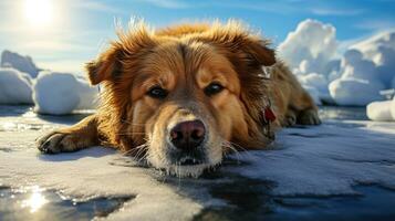 old dog laying on ice floor in antarctica generative AI photo