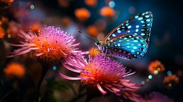 hermosa azul mariposa en flor generativo ai foto