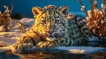 cheetah laying on ice floor in antarctica generative AI photo