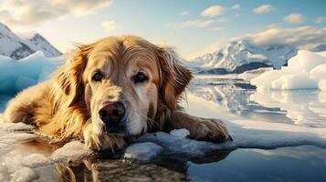 cute dog laying on ice floor in antarctica generative AI photo