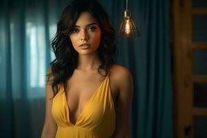 indian stylish model wearing yellow dress shot generative AI photo