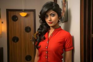 indian stylish model in red kurta shot generative AI photo