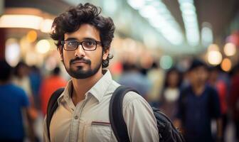 indian office man on unfocused people background generative AI photo