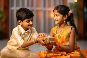 raksha Bandhan foto de pequeño hermano y hermana generativo ai