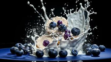 blueberries splash in milk in dark background generative AI photo