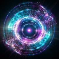 spiral circle blue purple neon light rays on dark background generative AI photo