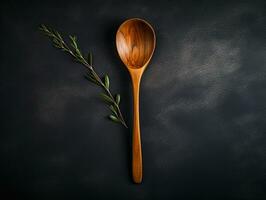 wooden spoon on dark background generative AI photo