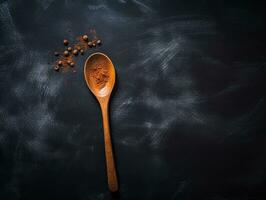 spices powder on wooden spoon on dark background generative AI photo