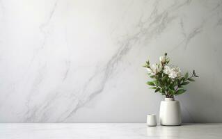 a flowers vase with white Marble stone Floor and wall background generative AI photo