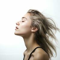 left side view of girl face with blowing hairs on white background generative AI photo