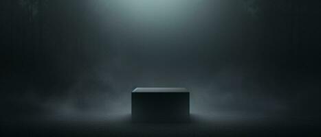 black cube pedestal for product showcase on dark smoky background generative AI photo