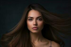 a young girl with blowing hair on dark background generative AI photo