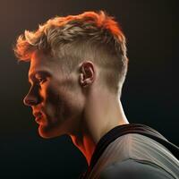 side view of a sports man face on dark background generative AI photo