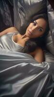 a beautiful female wearing silver top lying on the silver color bed generative AI photo