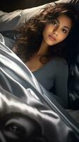 photo of a beautiful female wearing silver night suit lying on the bed with silver bedsheet generative AI