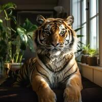 un calma Tigre sentado en el hogar generativo ai foto