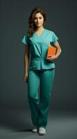nurse wearing blue scrubs on dark background generative AI photo