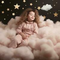 a little girl in pink night suit sleeps on pink clouds with stars background generative AI photo