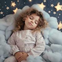 a little girl in pink night suit sleeps on clouds with stars background generative AI photo