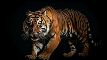 un salvaje Tigre en negro antecedentes generativo ai foto